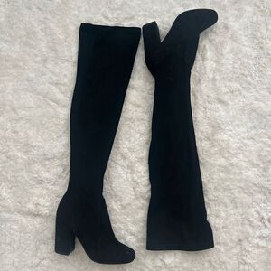 Carlos Santana OTK Black Suede Rounded Toe Block Heel Boots size 7.5